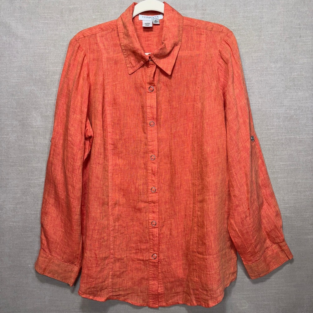 Company Ellen Tracy Linen Orange Melon Snap Shirt Womens 1X Plus Roll Tab Sleeve